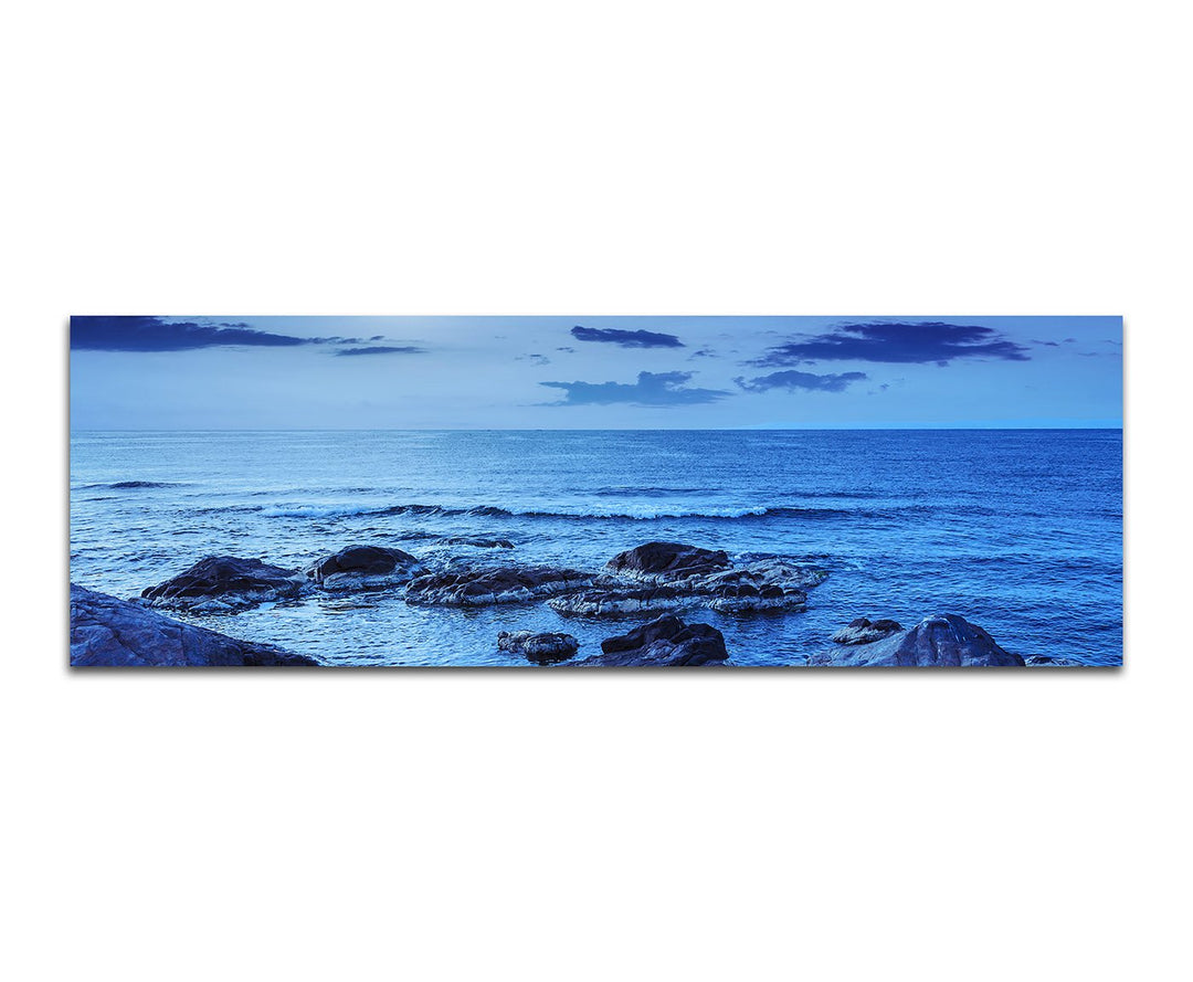 Paul Sinus Art Panoramabild auf Leinwand und Keilrahmen 150x50cm Meer Felsen Steine Nacht Vollmond