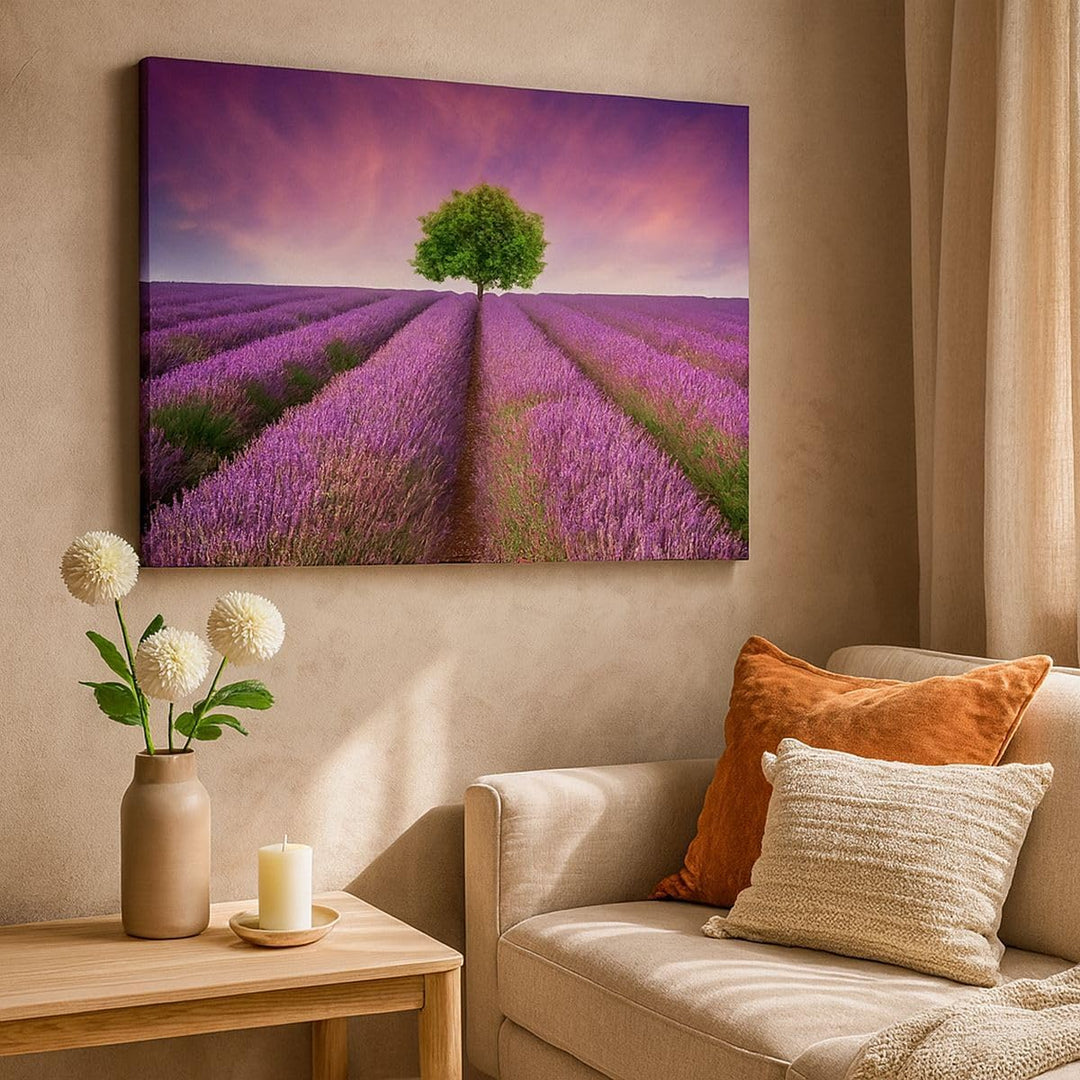 Bilder auf Leinwand 100x70cm Leinwandbild Wiese lavenda Sommer Landschaft Gross Wanddeko Bild Schlaf