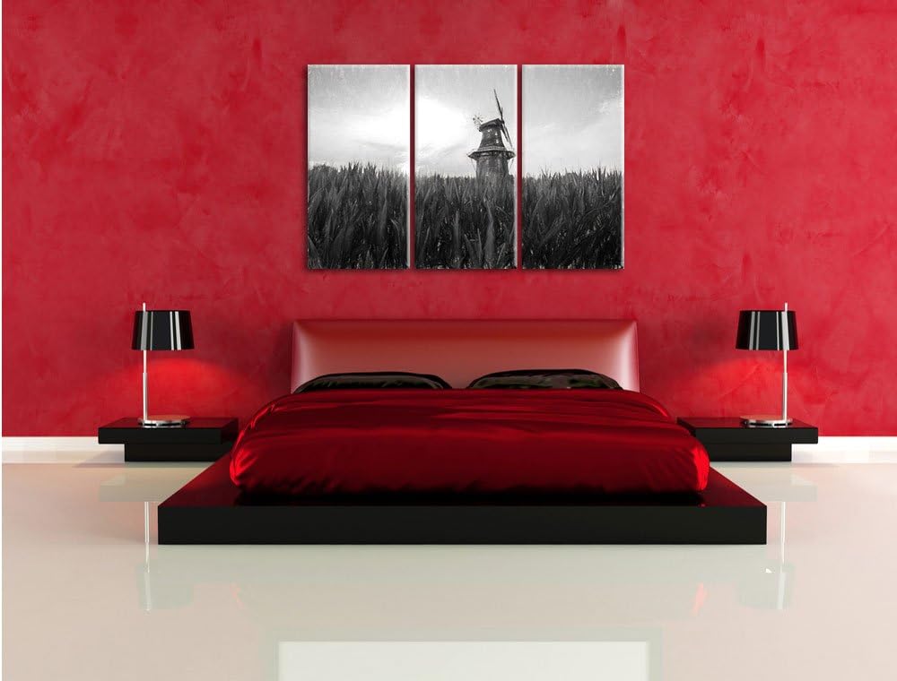 Pixxprint schöne Windmühle auf dem Feld Kunst Kohle Effekt 3-Teiler Leinwandbild 120x80 Bild auf Lei