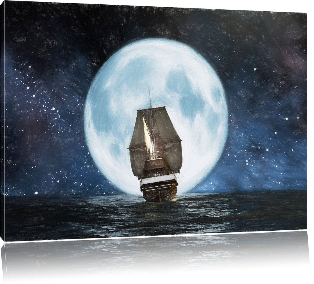 Pixxprint Segelschiff bei Vollmond als Leinwandbild/Grösse: 100x70 / Wandbild/Kunstdruck/fertig besp