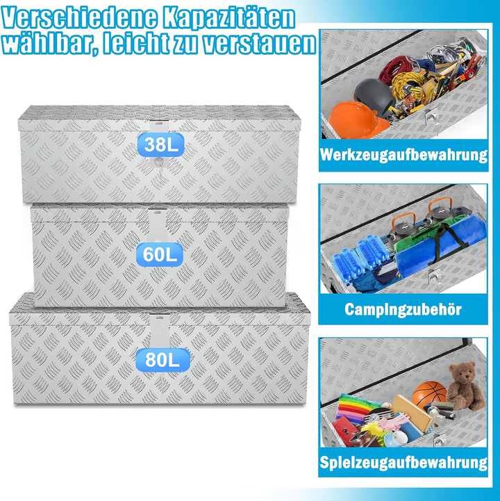 XMTECH 60L Aluminium Transportbox Aufbewahrungsbox Aluminiumkoffer Aluminiumbox Truckbox, Silber Lag
