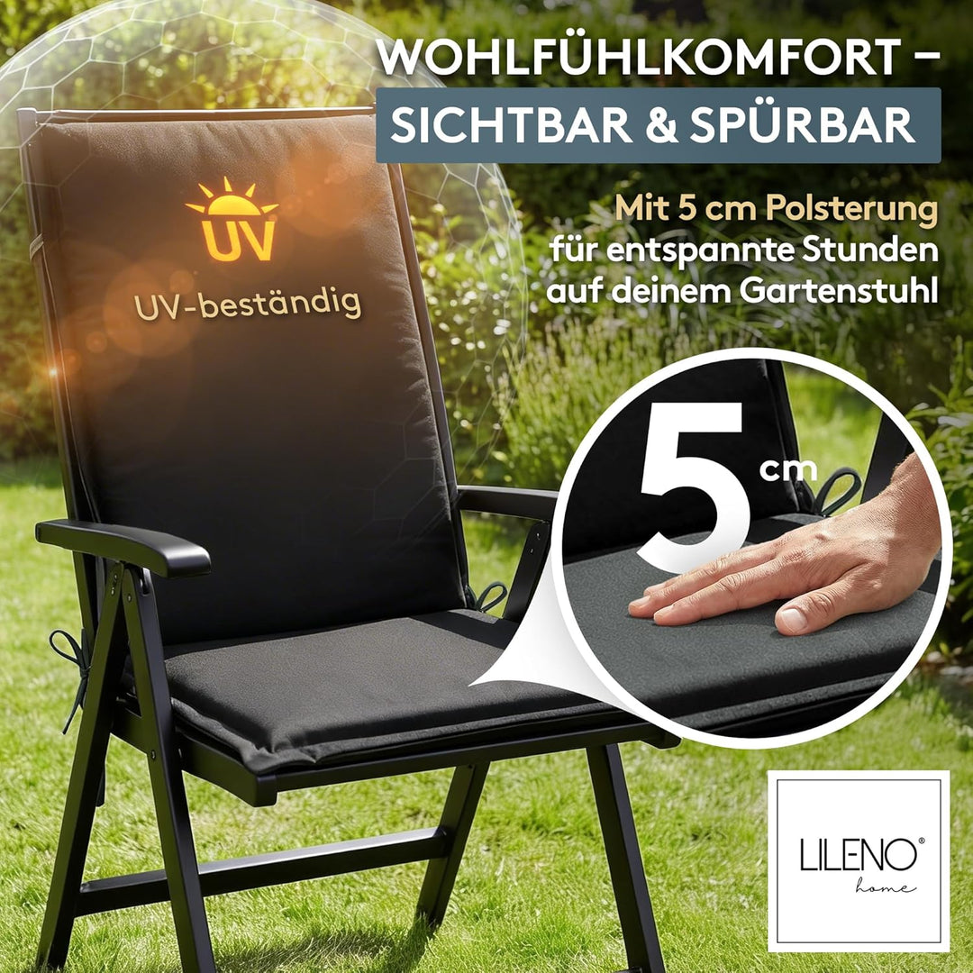 LILENO HOME Gartenstuhl Auflagen [4er Set - Hochlehner] in Anthrazit - Bequeme Liegen als Sitzauflag