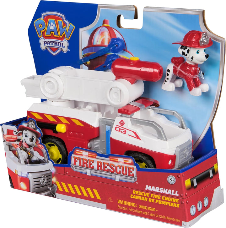 PAW PATROL – Fire Rescue Marshalls Feuerwehr-Fahrzeug mit Löschspritze und Marshall Hundefigur, Spie