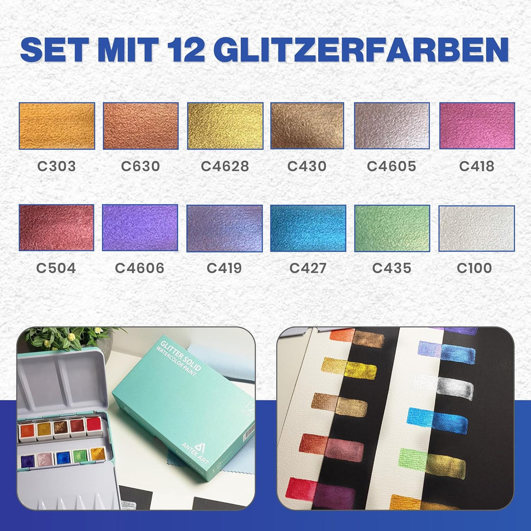 ANTEK ART® Aquarellfarben Set [12x Metallic Glitzerfarben] – Aquarell Set unterwegs im Metallkoffer
