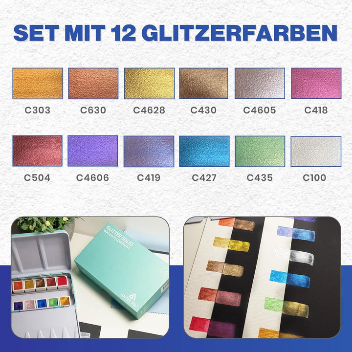 ANTEK ART® Aquarellfarben Set [12x Metallic Glitzerfarben] – Aquarell Set unterwegs im Metallkoffer