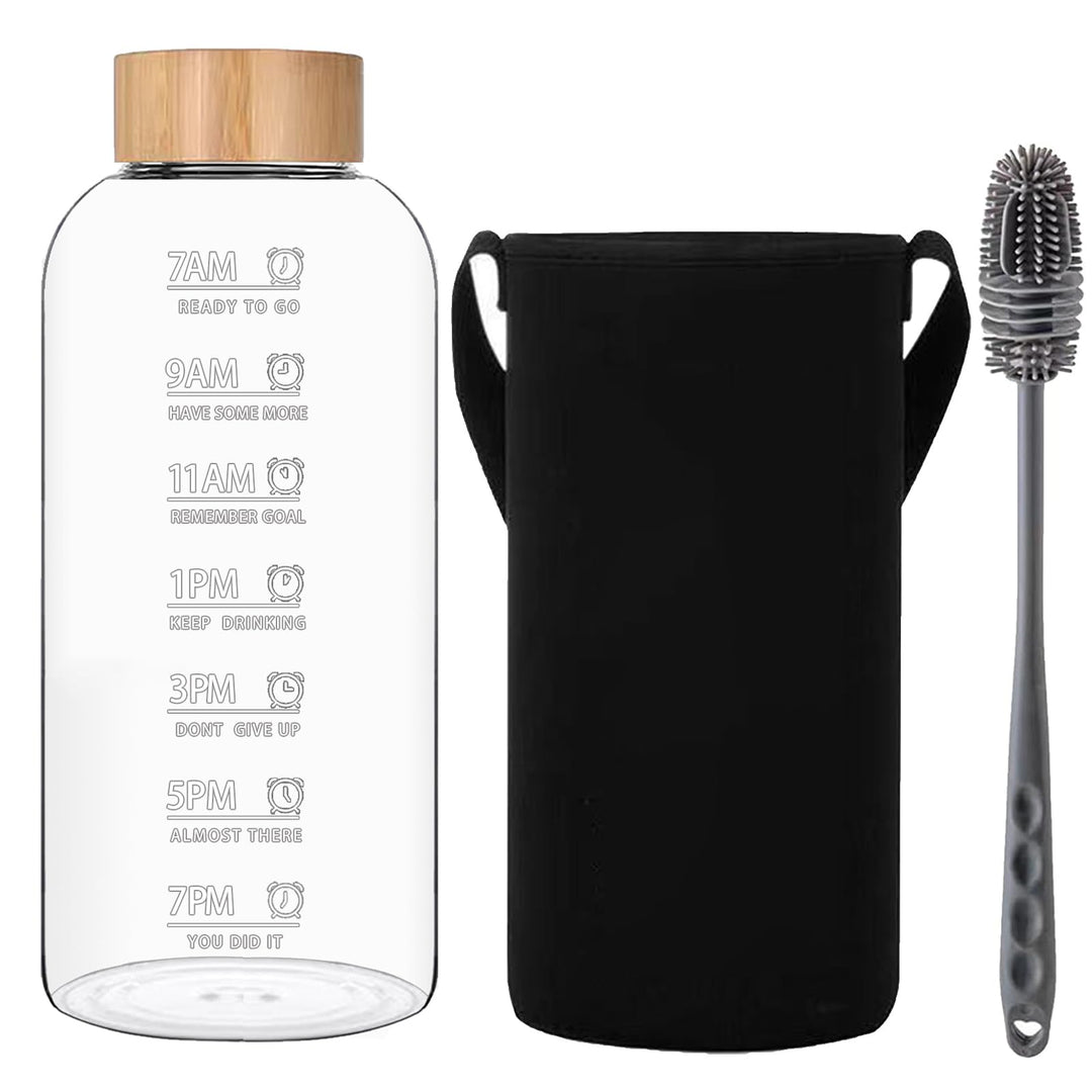 1.5 Liter Glasflasche, 1.5 l Glas Trinkglasche, Wasserflasche Glas mit Neoprenhülle, Bambusdeckel, F