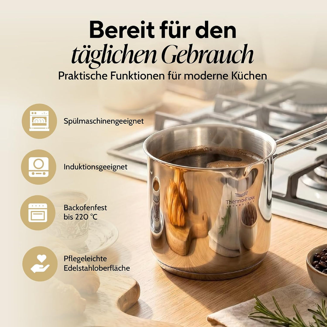 ROSMARINO Edelstahl-Induktions-Mokka-Kanne 1225 ml - model - 2025 - Moderne Türkische Cezve-Kaffeeka