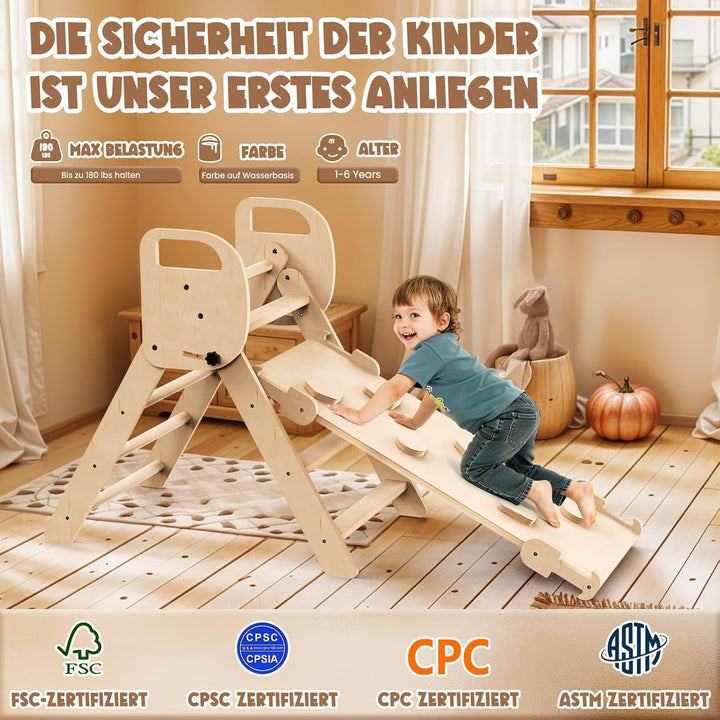 7-in-1 Montessori Klettergerüst Indoor Set, Verformbares Kletterdreieck mit Rutsche und Kletterbogen