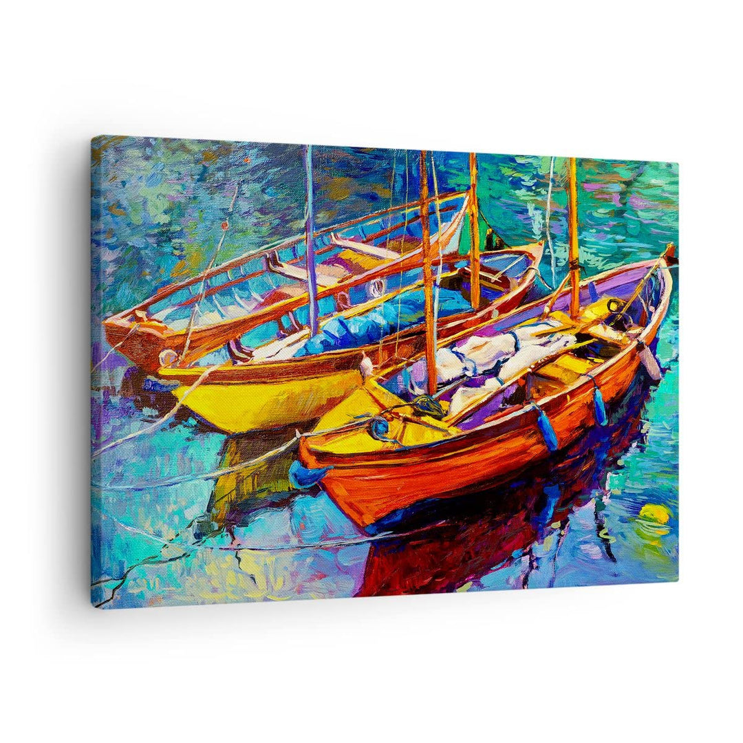 Bilder auf Leinwand Boote Bunt Angeln Wasser Leinwandbild 70x50cm Wandbilder Dekoration Wohnzimmer S