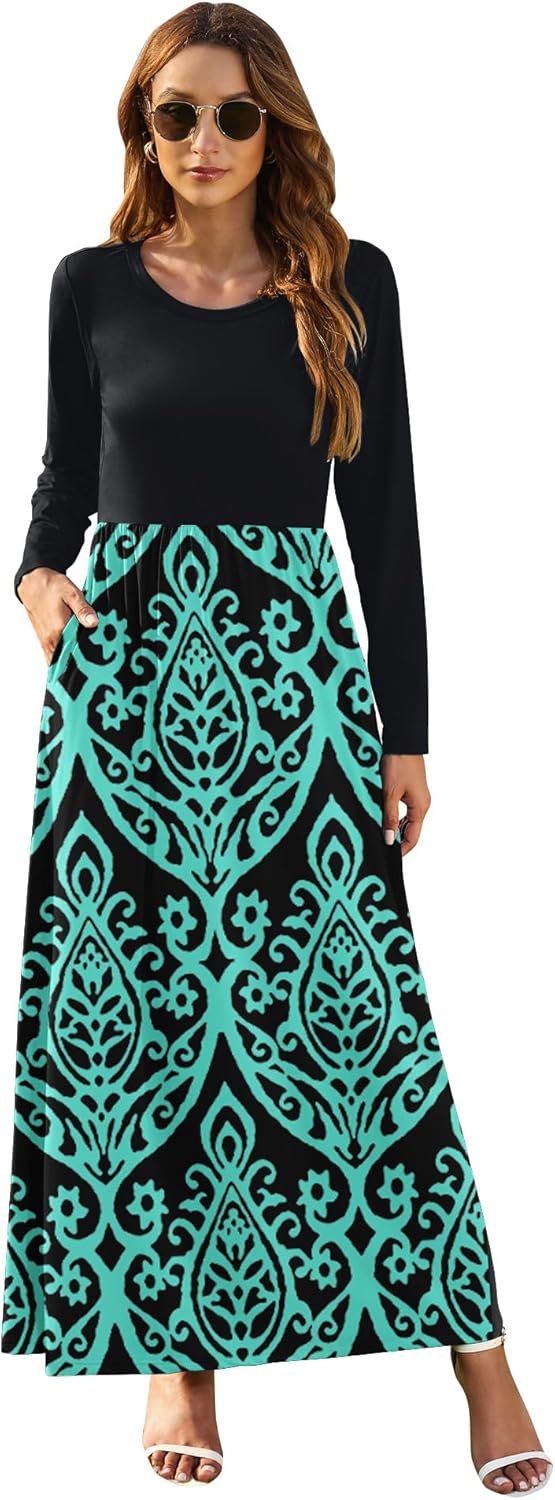 AUSELILY Damen Langarm Maxikleider Lässige Langkleider mit Taschen Winter S Schwarz Grün, S Schwarz