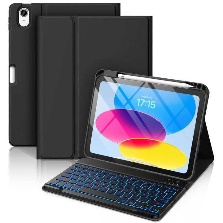 Vobafe Hülle mit Tastatur für iPad A16 11/10 Generation (2025/2022, 11/10.9 Zoll)- 7 Farben Beleucht