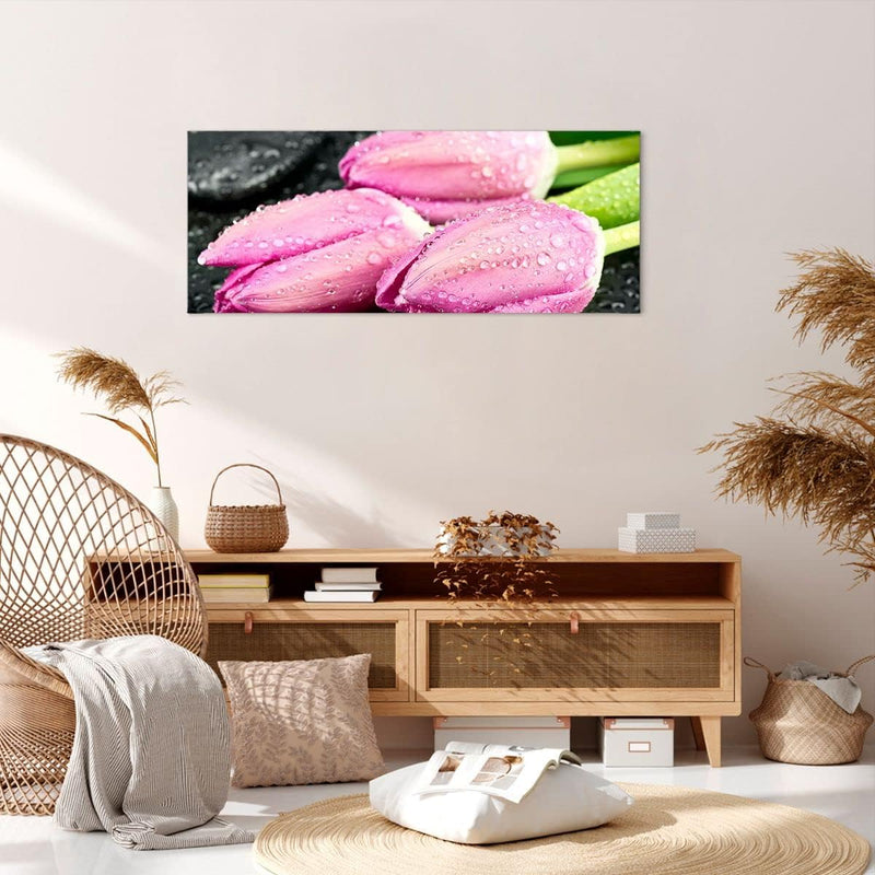 Wandbilder Dekoration Wohnzimmer Tulpen Tau Steine Pflanze Panorama Bilder auf Leinwand 120x50cm Lei