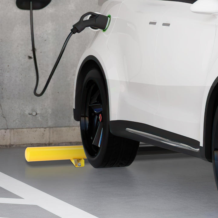 Fiqops Radstopper 2 x Metall Stahlrohr-Parkstopper Parkplatzbegrenzung, Schwarz-Gelb mit Reflexionss