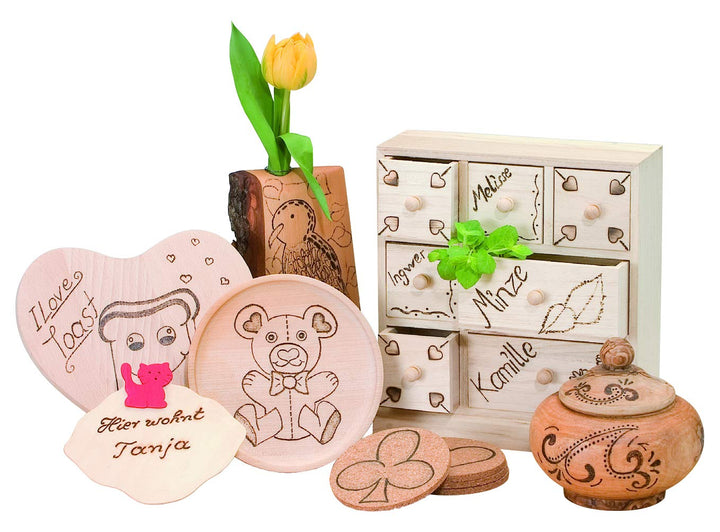 GLOREX 6 1671 001 - Pebaro Brandmalkolben mit 9 Aufsätzen aus Messing, mit Auflageböckchen, Stromans