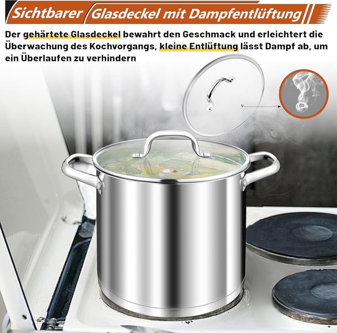 TEAMFAR Kochtopf 10L, Edelstahl Gross Topf Nudeltopf Induktion mit 3-Lagen Boden für alle Herdarten,