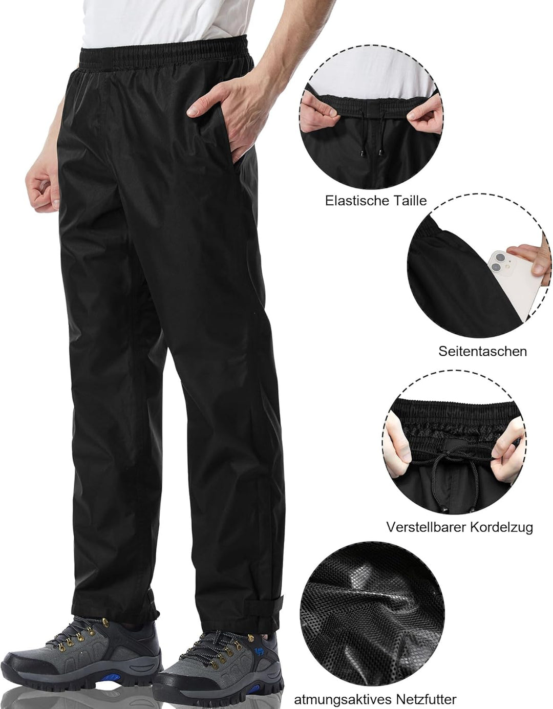Regenhose für Herren wasserdichte Leichte Winddichte Outdoorhose zum Wandern Camping Golf XS / 30L S