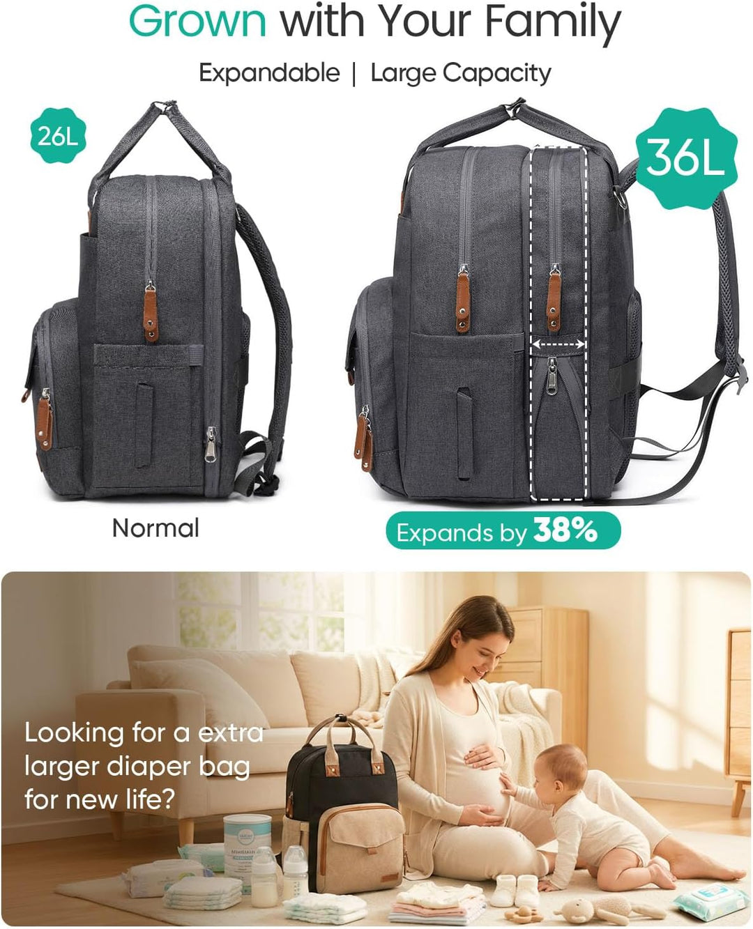 Grosser Diaper Bag Backpack - 23 Taschen, Erweitbar, 31 Liter, Grau, Einfarbig, Polyester, Minimalis