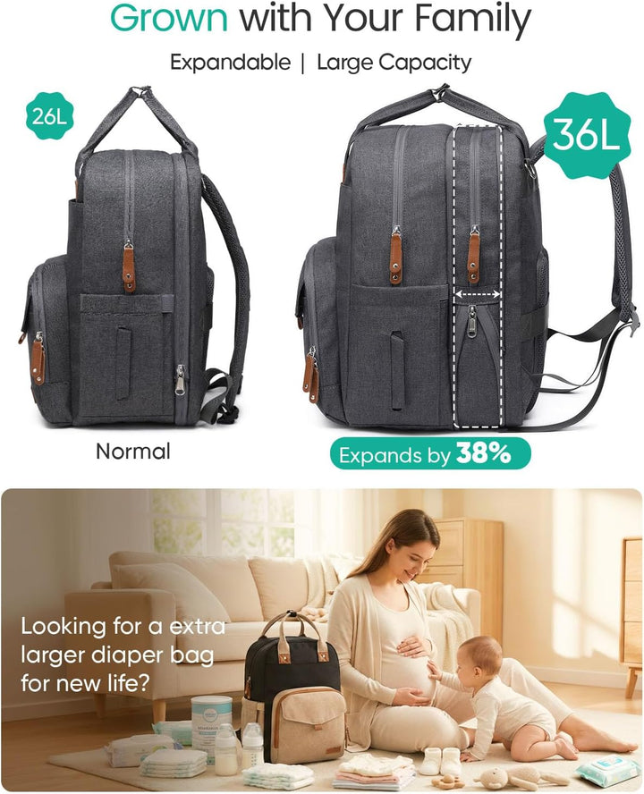 Grosser Diaper Bag Backpack - 23 Taschen, Erweitbar, 31 Liter, Grau, Einfarbig, Polyester, Minimalis