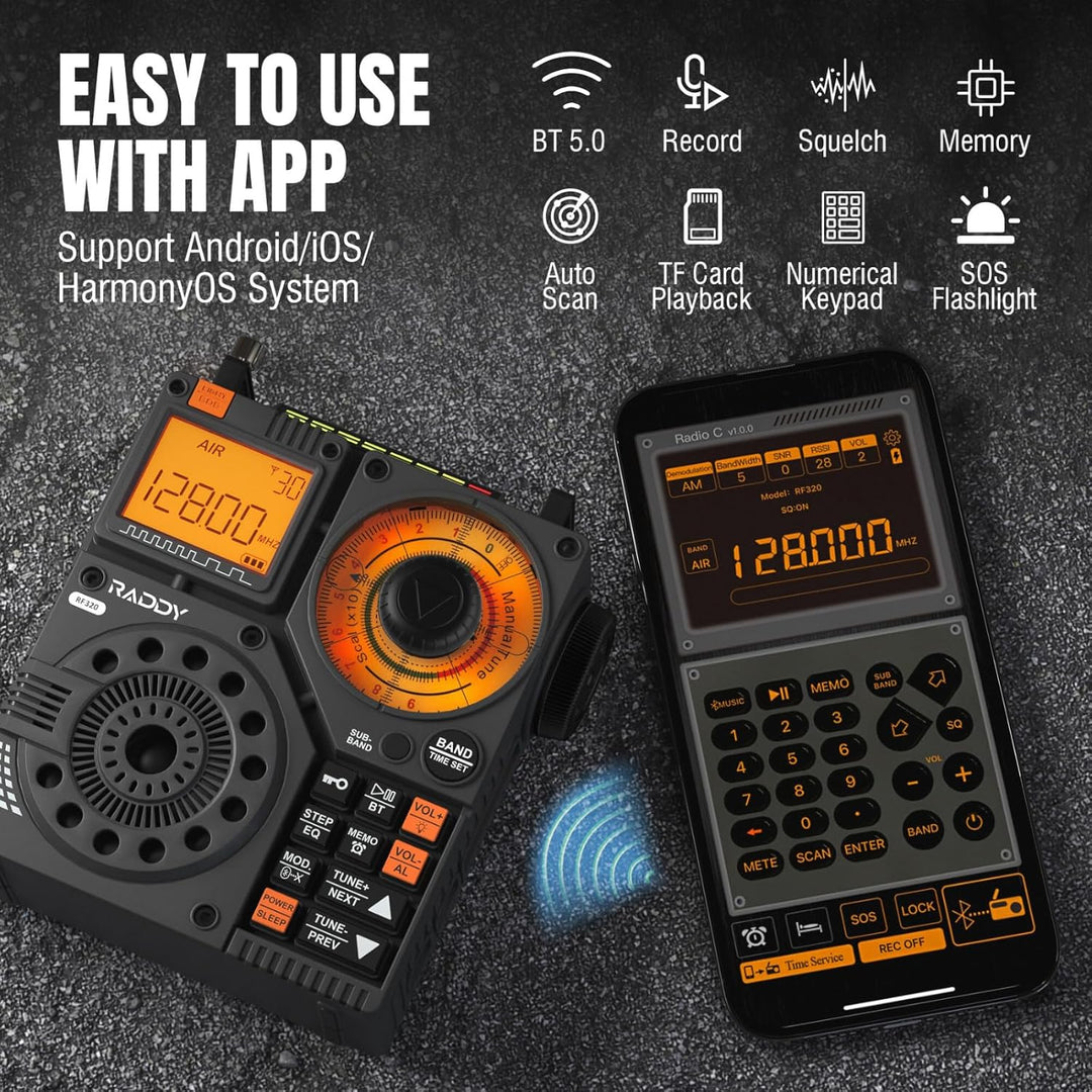 Raddy RF320 Kurzwellenradio mit App-Steuerung, FM/AM/VHF/SW/AIR-Empfänger unterstützt Bt/TF-Karte, w