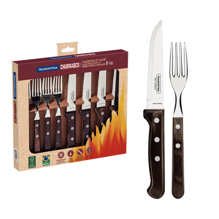 Tramontina Steakbesteck "Gaucho", Set 8-teilig, mit 4 Steakmessern und 4 Steakgabeln, Edelstahl, Ech