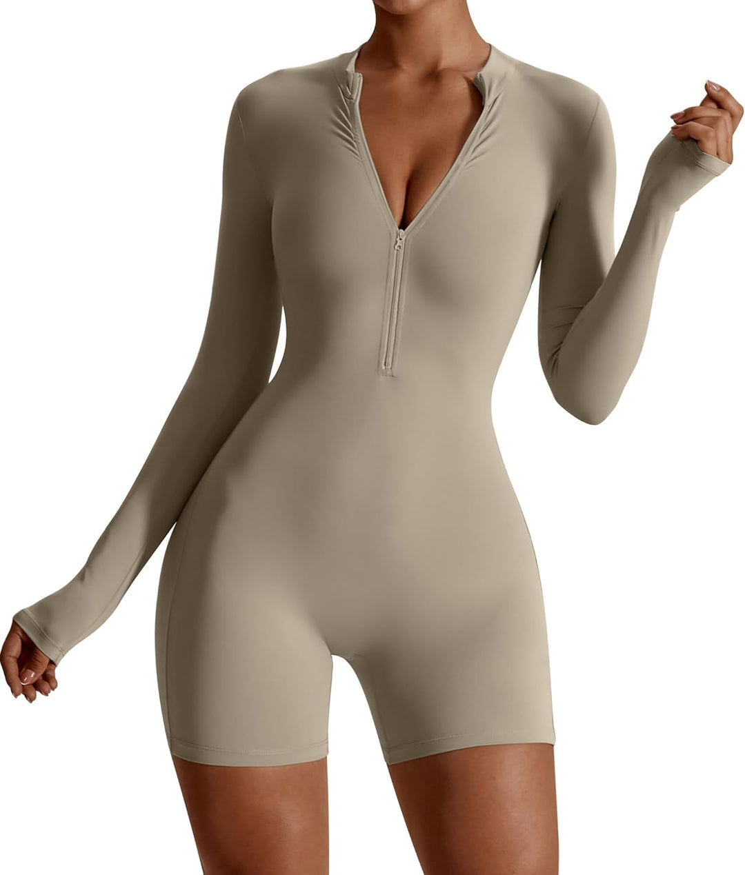 AIEOE Sport Jumpsuit Damen Kurz Eng Yoga Langarm One Piece mit Kragen Reissverschluss Bodysuit Plays