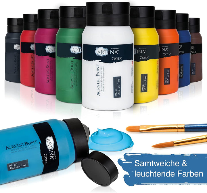 Artina 10er Acrylfarben Set 500ml – Deckende Malfarbe Schnelltrocknende Farbe zum Malen 10x500ml Pro