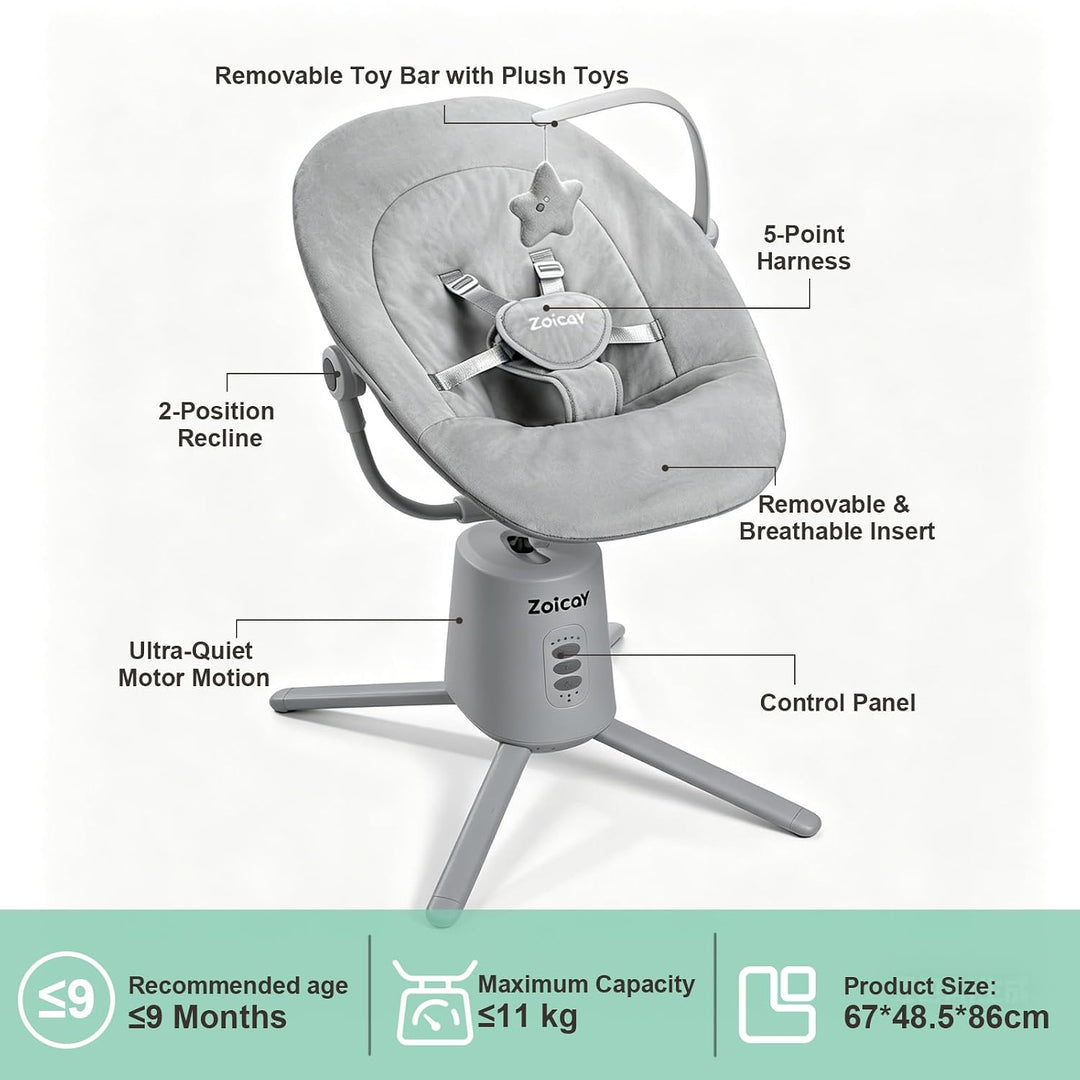 Babywippe Elektrisch mit 3 Modus 5 Tempo für Neugeborenes 0-9 Monate (Grau) | Babywippe 5-Punkt-Gurt