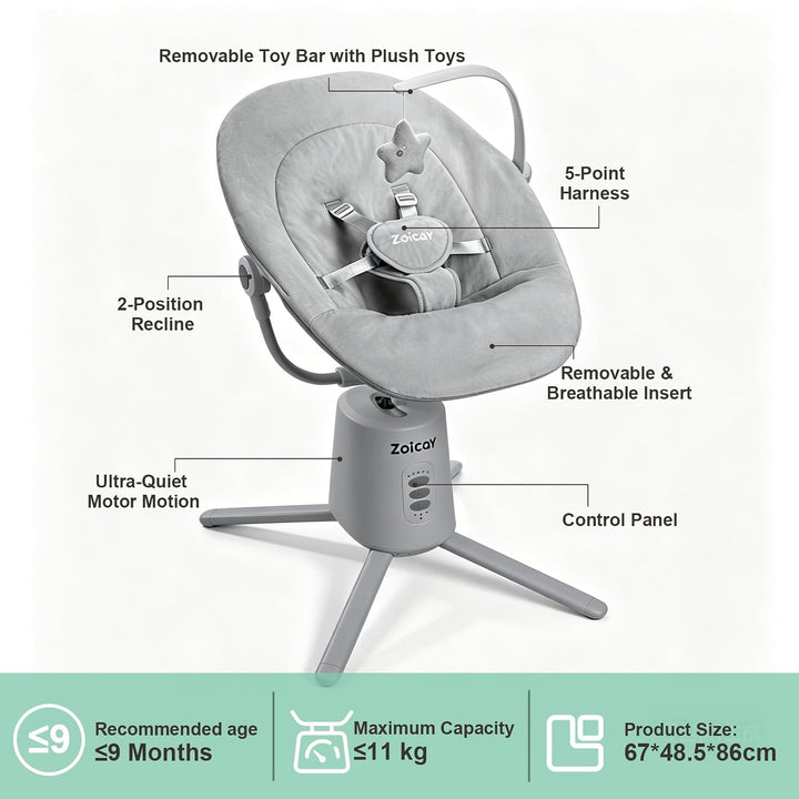 Babywippe Elektrisch mit 3 Modus 5 Tempo für Neugeborenes 0-9 Monate (Grau) | Babywippe 5-Punkt-Gurt