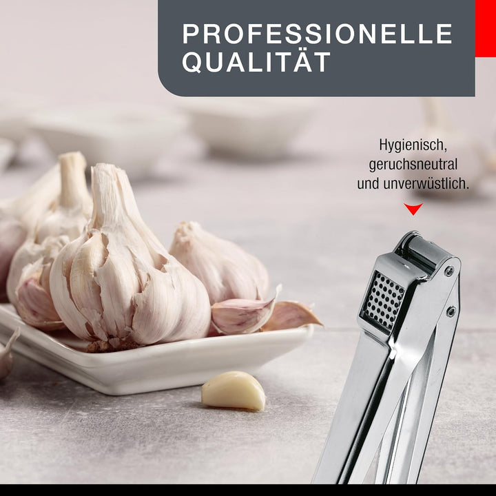 GEFU Knoblauchpresse AGLIO | Edelstahl-Knoblauchdrücker mit schwenkbarem Siebeinsatz, Profi-Qualität