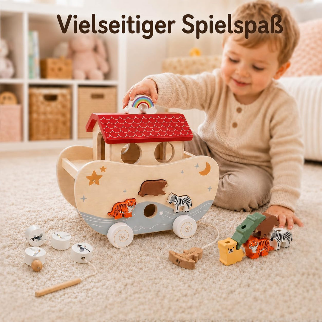 Arche Noah Holz, Montessori Spielzeug und Taufgeschenk ab 1 Jahr | Liebevolles Taufgeschenk: Arche N