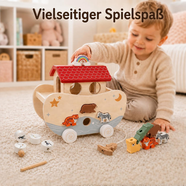 Arche Noah Holz, Montessori Spielzeug und Taufgeschenk ab 1 Jahr | Liebevolles Taufgeschenk: Arche N