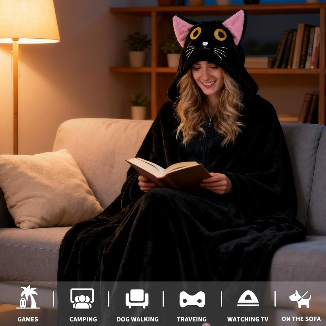 Flauschig Kuscheldecke Mit Ärmeln, Schwarze Katze Tragbare Decke Sofa Decke Geschenk für Frauen, Sch