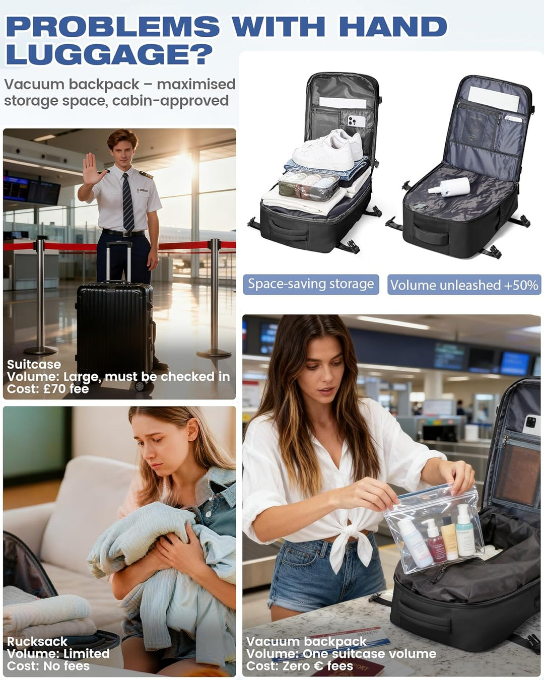 SZLX Vakuum Rucksack mit pumpe Ryanair Handgepäck 40x30x20 Damen Wizzair Handgepäck 40x30x20 Vakuum