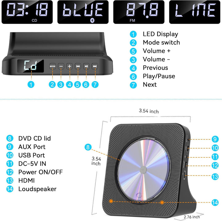 Gueray DVD Player für TV All Region Free Desktop DVD/CD Player für Zuhause mit Bluetooth Lautspreche