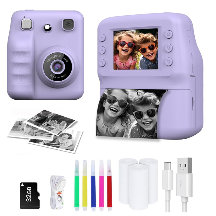 Kinderkamera Sofortbildkamera, 48MP Sofortbildkamera Kinder mit 32GB Karte & Druckpapier, 1080P Digi