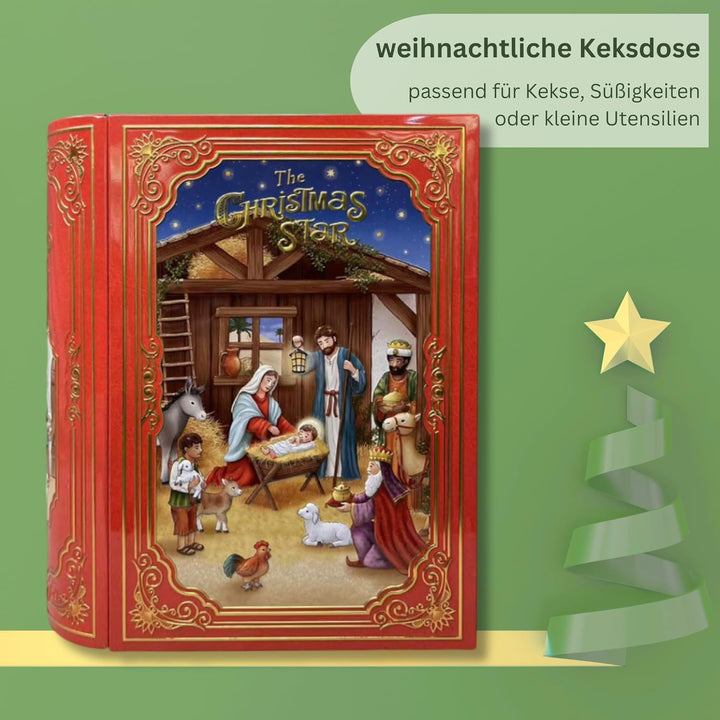 Grosse Buchdose Weihnachtsstern - Aufbewahrungsdose, Keksdose, Blechdose - aufwändig geprägt und bed
