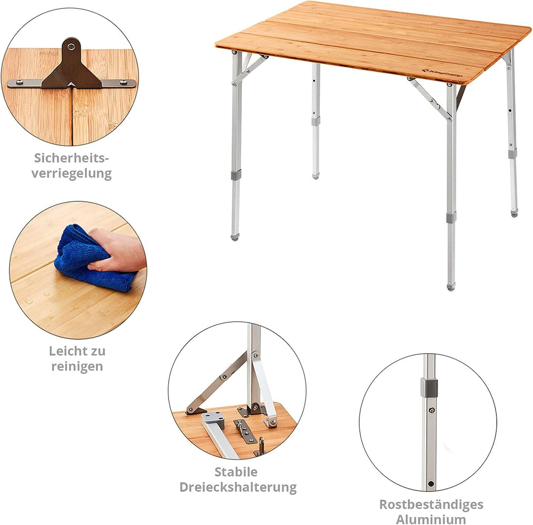 KingCamp Bambus Falt Tisch Camping Klapptisch Garten Alu Holz 3Höhen Verstellbar