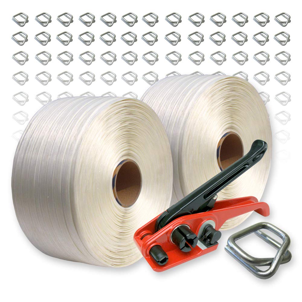 2 Rollen Umreifungsband 19 mm, 600 m + 300 Metallverschlussklemmen + Bandspanner, Umreifungsset