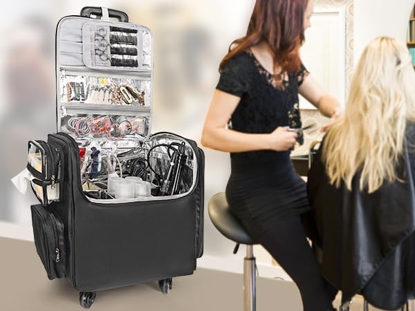 Rolling Kosmetikkoffer, Friseur Reisetasche mit 4 Rädern, Wärmedämmung volle Schicht, justierbare Te