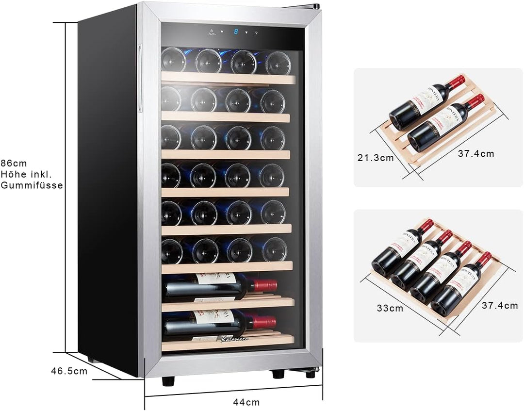 Kalamera Weinkühlschrank, 28 Flaschen 86 Liter, Touch-Bedienfeld, Edelstahl Glastür, 5-18°C Kühlzone