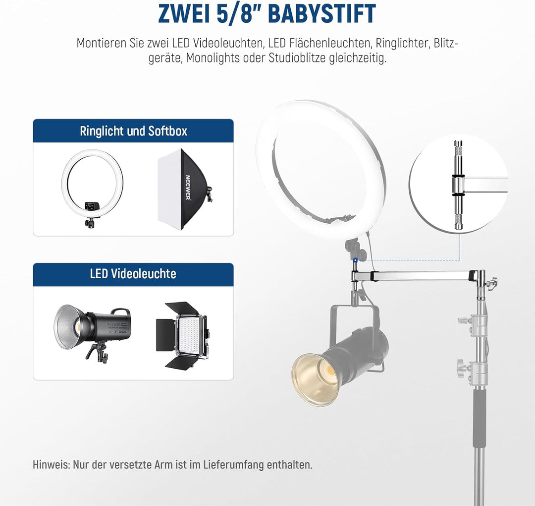 NEEWER versetzter Arm mit Zwei 5/8" Babystift für LED Videolicht Studioblitz, 19"-28" ausziehbar mit