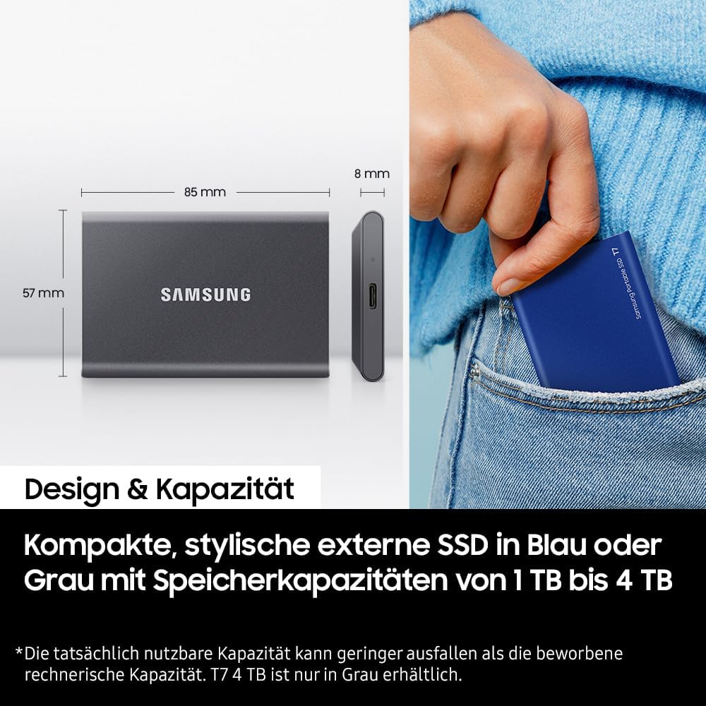 Samsung Portable SSD T7, 2 TB, USB 3.2 Gen.2, 1.050 MB/s Lesen, 1.000 MB/s Schreiben, Externe SSD Fe