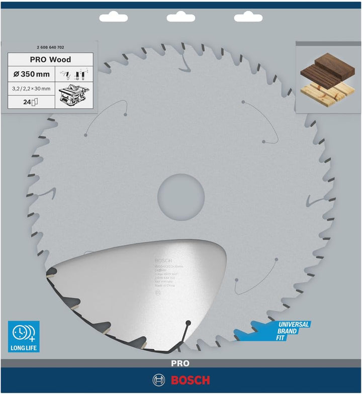 Bosch 1x PRO Wood Longlife Kreissägeblatt für Netz-Tischkreissägen (für Weichholz, Hartholz, Ø mm, P