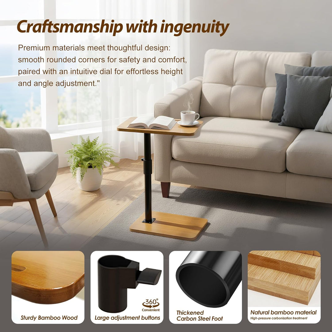 C-Förmiger Beistelltisch, Höhenverstellbar Couchtisch, 360° Drehbarer Wohnzimmer Tisch, Holz Tischpl