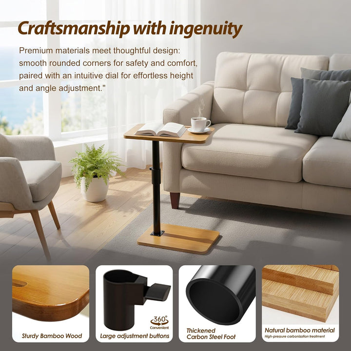 C-Förmiger Beistelltisch, Höhenverstellbar Couchtisch, 360° Drehbarer Wohnzimmer Tisch, Holz Tischpl