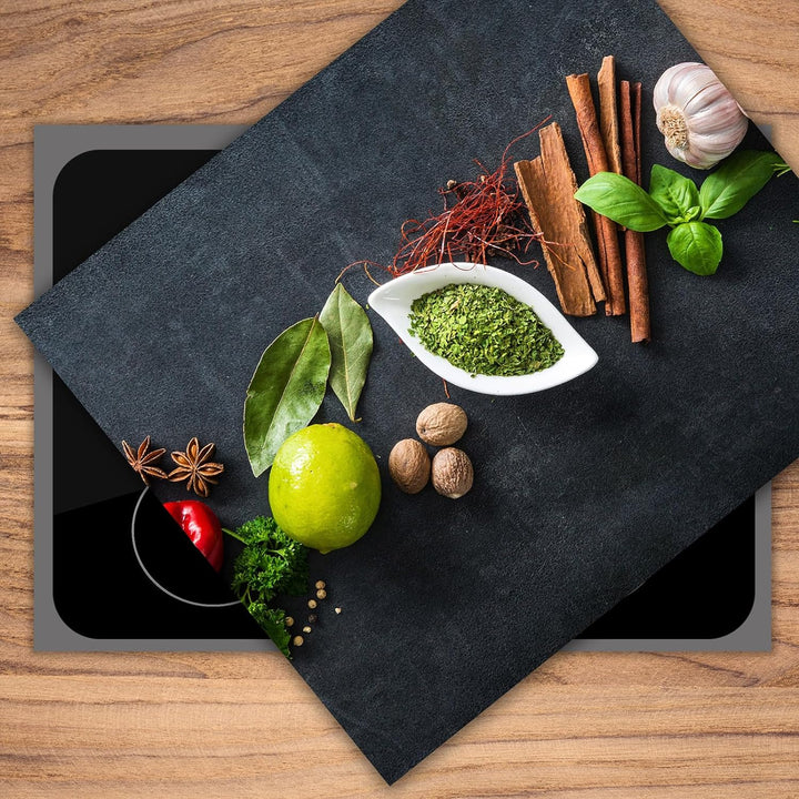 SmartDecoration Herdabdeckplatte Ceranfeldabdeckung aus Glas 60x52 cm Einteilig Motiv "Kräuter" Grau