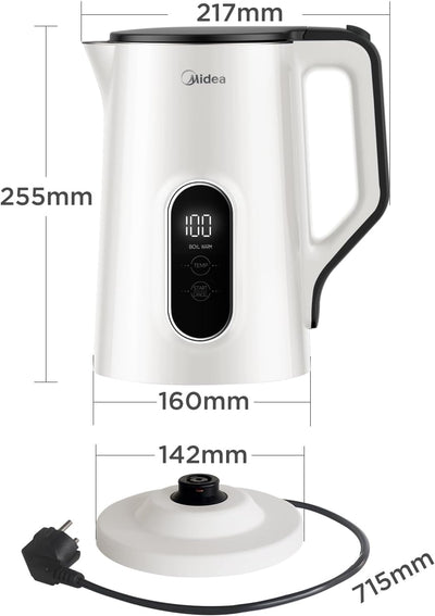 Midea Wasserkocher mit Temperatureinstellung, 1,5 Liter, 2200W Doppelwand, wasserkocher weiss, Teeko