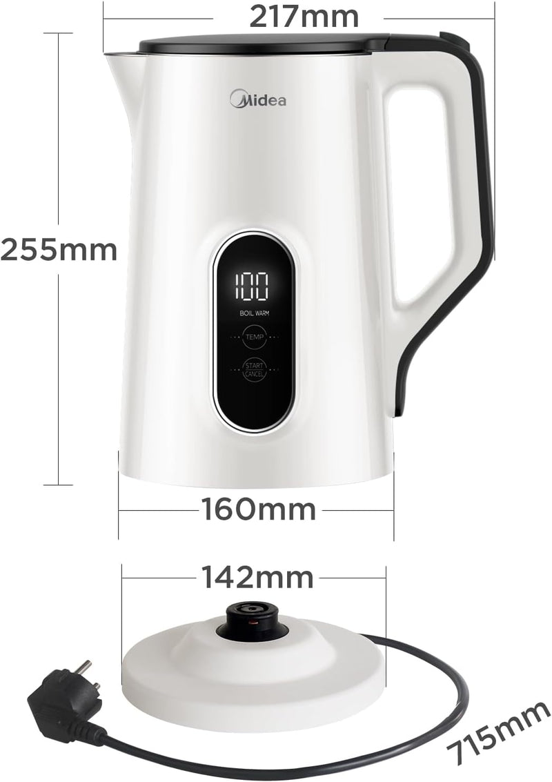 Midea Wasserkocher mit Temperatureinstellung, 1,5 Liter, 2200W Doppelwand, wasserkocher weiss, Teeko