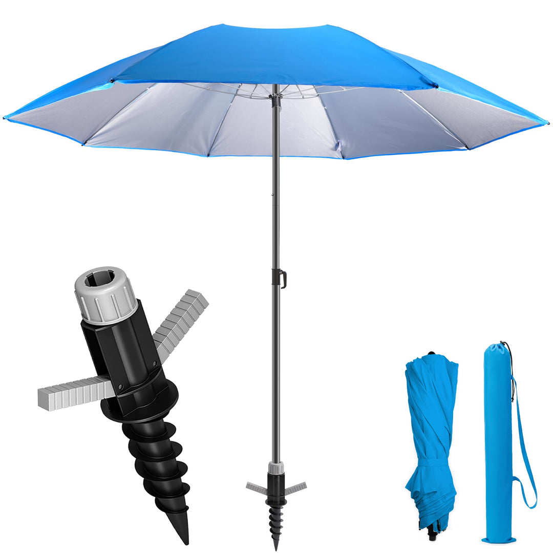 4smile Sonnenschirm Strand SunnyJoy, 3-in-1 SET, Blau - UPF 50+ Strandschirm Ø 180 cm + Sonnenschirm