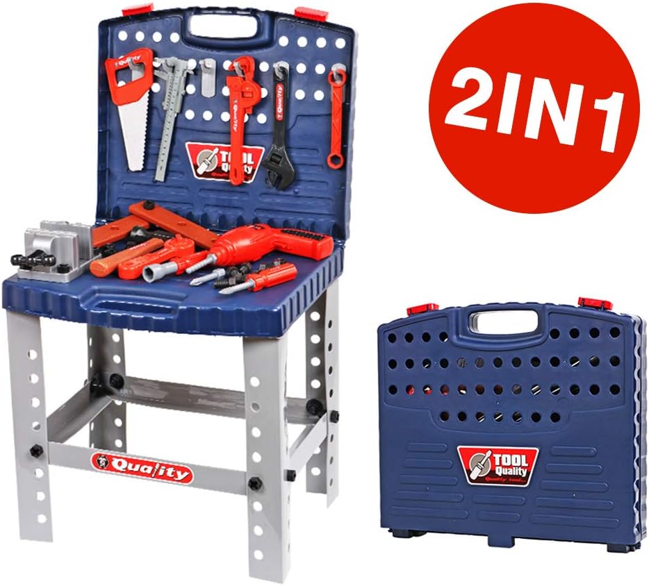 deAO Werkstatt und Werkzeug Carrycase Spielset Mechaniker Werkbank mit Klapp-Design beinhaltet mehre